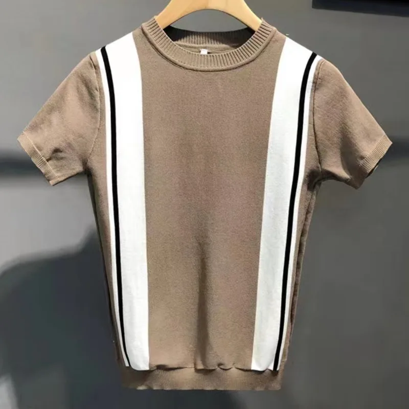 2022 Short Sleeve Crew Neck Knitting T-Shirt Men Slim Striped Contrast Patchwork Knitted Bottoming Shirt Social Club Outfits