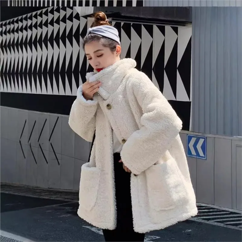 Mid-length fur mixed coat loose and casual lapel with thick buttons
