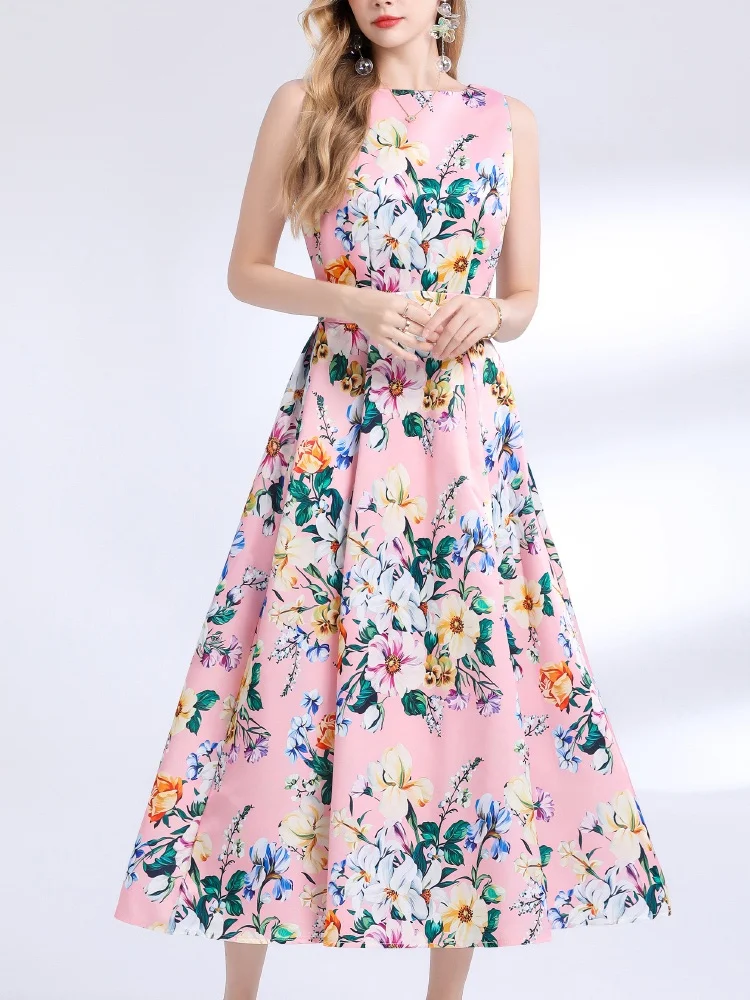 New Fashion Retro Elegant Sleeveless Print Long Dress A-line Casual High Waist Women Summer Pleated Runway Dresses