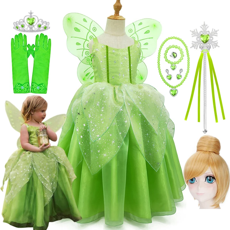 Disfraz de Campanilla para niñas, disfraz de Hada verde de princesa Campanilla, vestido elegante para fiesta de cumpleaños, trajes de Cosplay de Halloween de 2 a 10 años