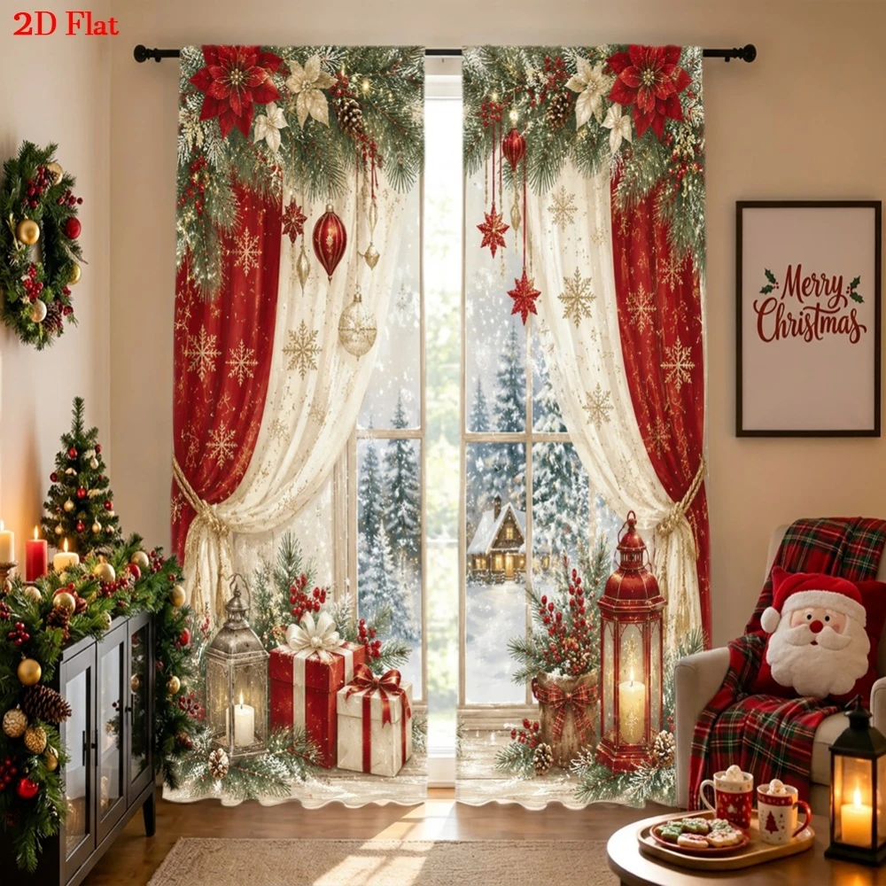 Christmas Window Pine Red Berry Curtains, Rod Pocket, Polyester, Home Decor, Bedroom Living Room, Cozy Holiday Decor, Home Decor