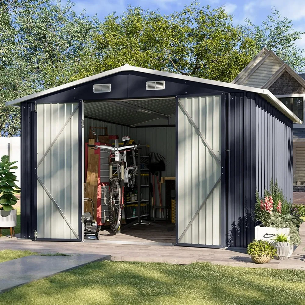 12x10 FT Outdoor Storage Shed, Steel Utility Tool Shed Storage House with Door & Lock, Metal Sheds Outdoor Storage for Garden