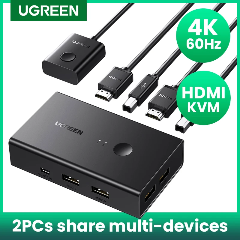 UGREEN Przełącznik KVM zgodny z HDMI 4K@60Hz Przełącznik USB 2.0 do drukarki Monitor Mysz 2 komputery Udostępnianie 1 urządzenie z kablami HDMI