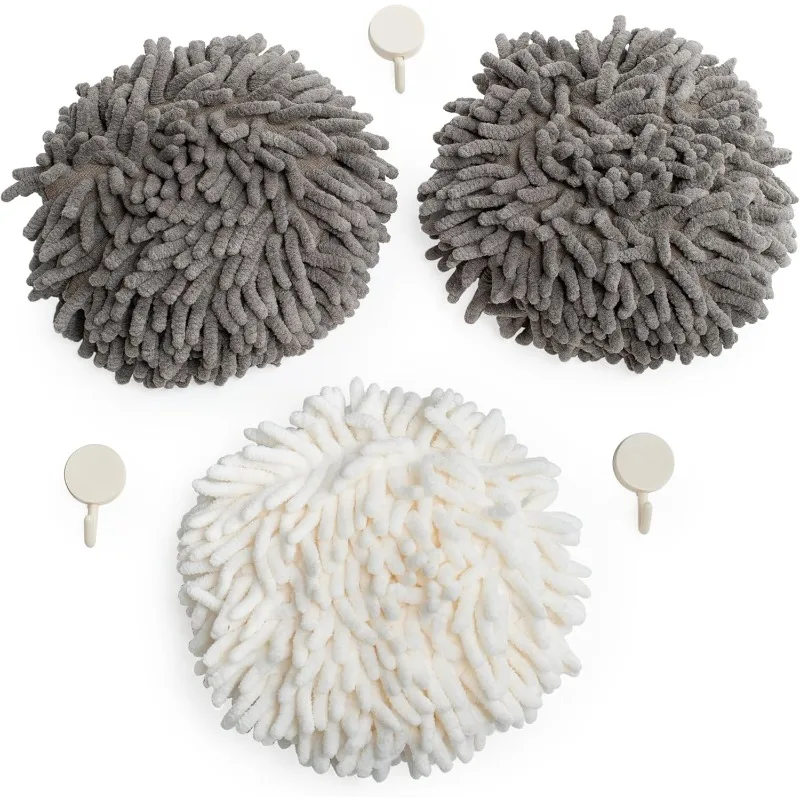 Toallas de mano de microfibra - Juego de 3 toallas de mano esponjosas con gancho de pared - Puffs de secado rápido y fácil