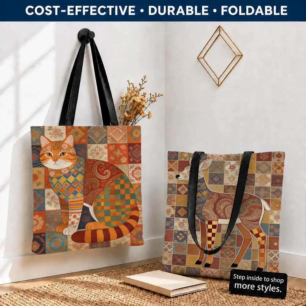 Bohemian Patchwork Animals Storage Bags Polyester Canvas Tote Lightweight Foldable Reusable Shopping Bag Shoulder Straps