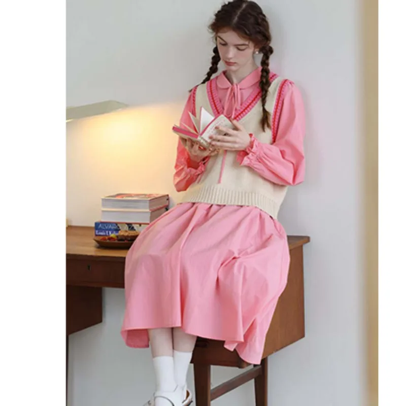 Long-sleeved Dress for Women Loose A-line Long Dress Cute Stacked Collar Student Literary Dress Casual Solid Color Women Dresses