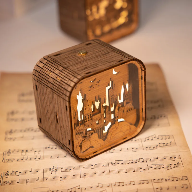 Retro Castle Ancient House 3D Three-dimensional Night Light Wooden Paper Carving Touch Music Box