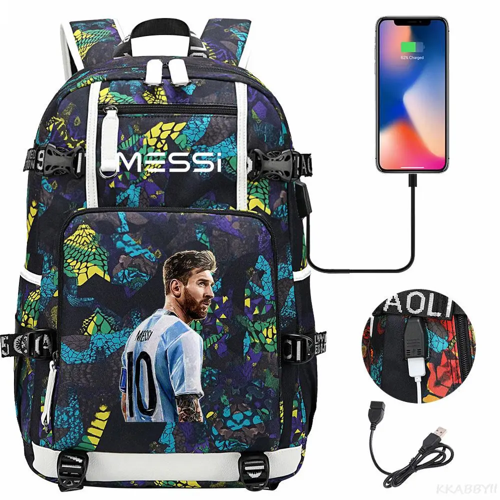 Messi Football USB Charging Backpack Schoolbag Travel Notebook Laptop Bag for Kids Students