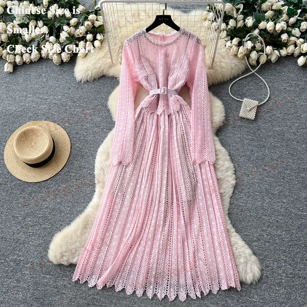 

Korean Luxury Formal Rhinestone Pink Lace Hollow Out Evening Dress Women Long Sleeve 2 Piece Set Sweet Party Vestidos De Fiestas