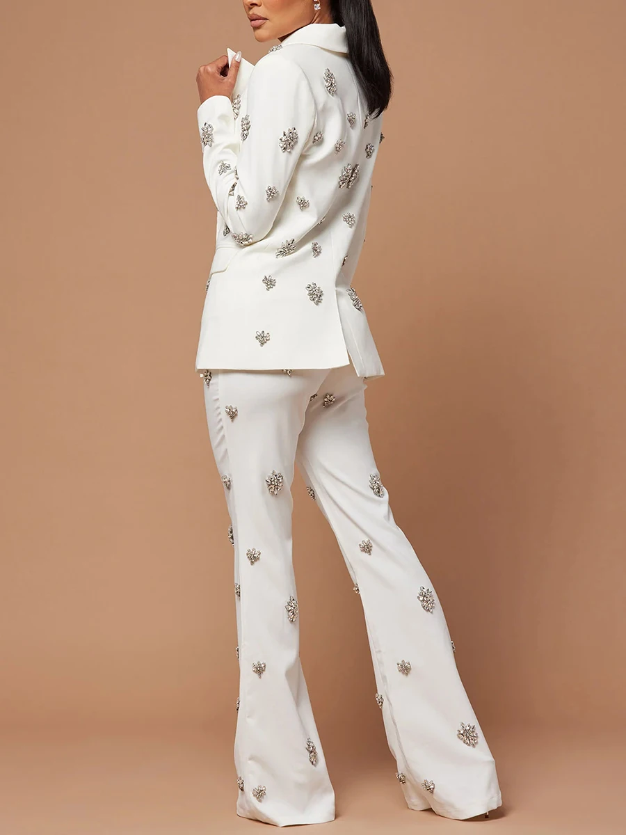 High Quality Patchwork Diamonds Two Piece Set For Women Notched Collar Long Sleeve Blazer High Waist Flare Pant Chic Sets Female