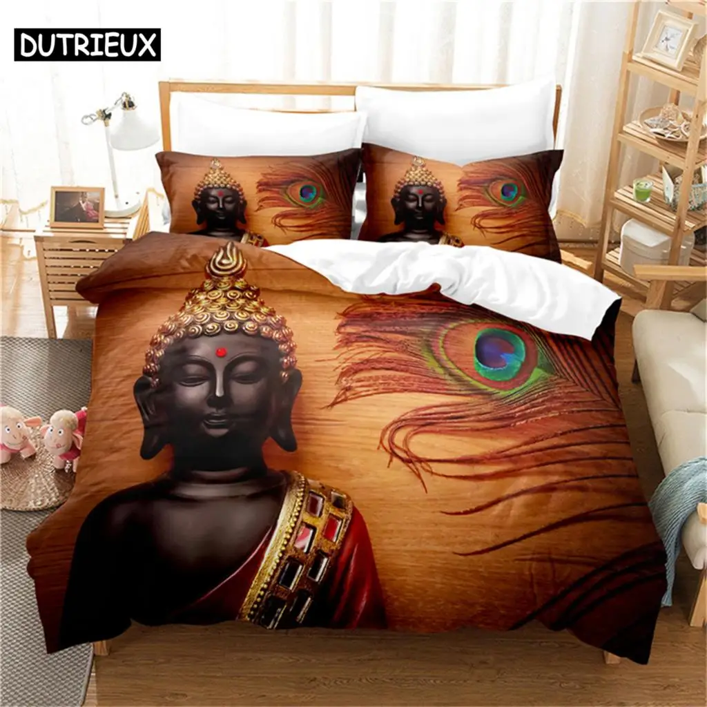 

3D Digital - Printed Buddha Statue - Themed Queen - Sized Duvet Cover Set with Fashionable Design