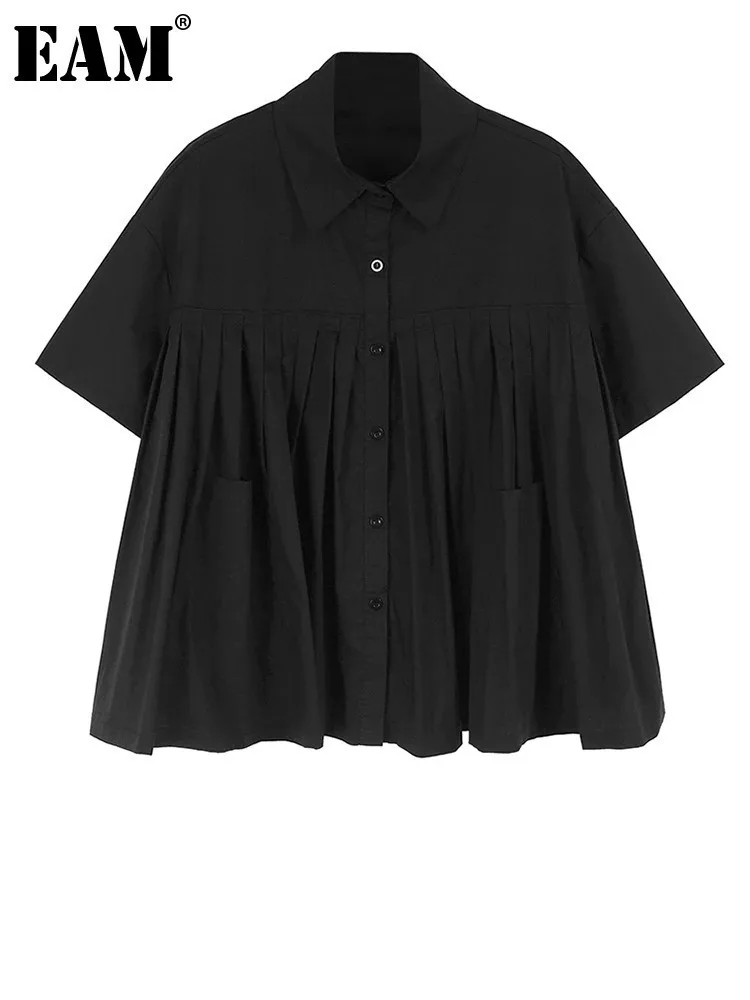 [EAM] Women Black Dot Printed Pleated Big Size Blouse New Lapel Short Sleeve Shirt Fashion Tide Spring Summer 2024 1DH6763