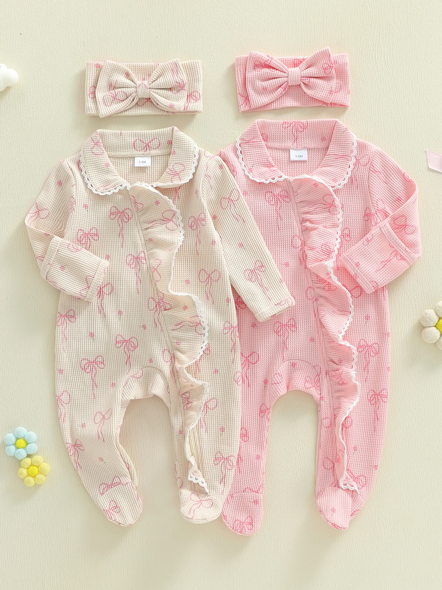 

Adorable Infant Girl Autumn Outfit Cozy Bow Patterned Footie Romper with Matching Headband and Zipper Closure