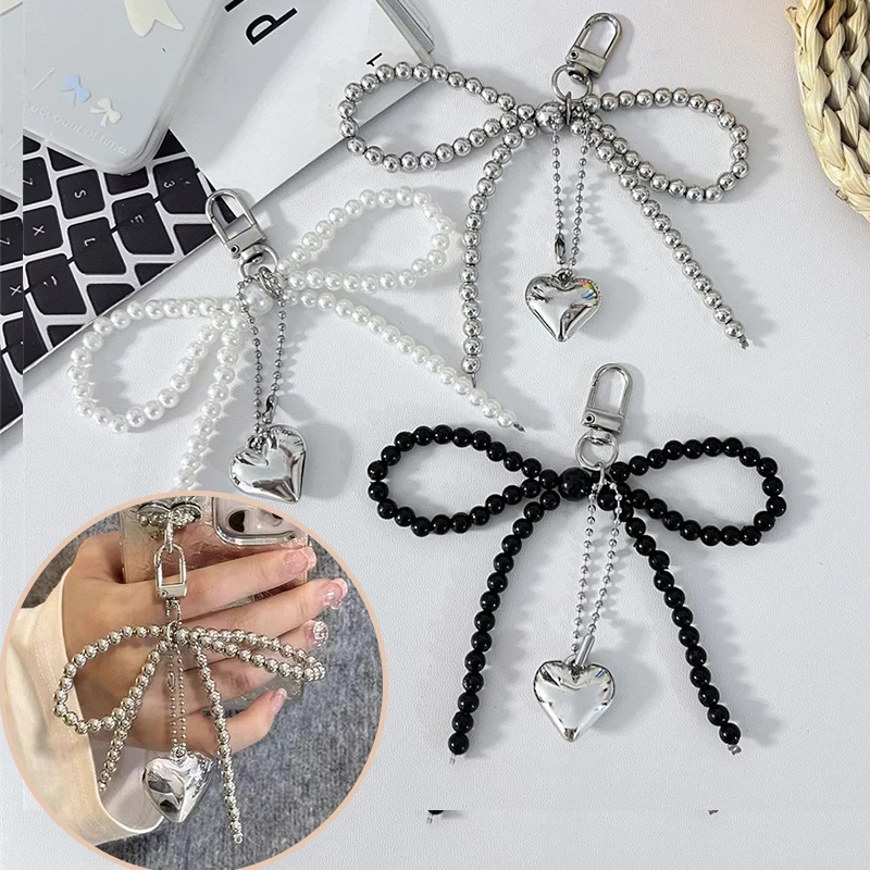 Ins Style Bowknot Beaded Key Chain Three-dimensional Silver Heart Phone Pendant Headphone Case Charm Bag Decor Car Key Ring