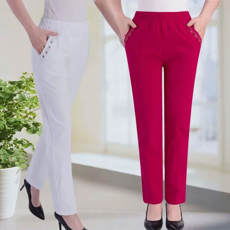 2024 Summer Women Pants Middle-aged Lady Elastic Waist Loose Casual Pants 4XL Pocket Thin Female Straight Trousers 2300 - view 4