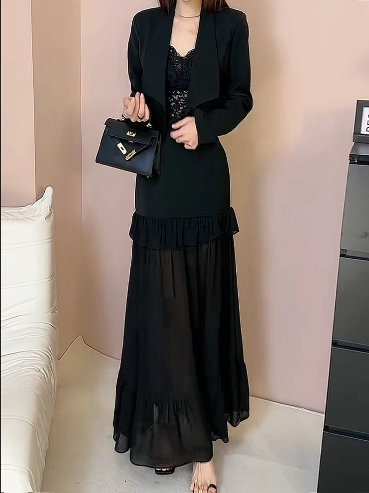 Ele ort Pak Jaet En Me Rokset Dames Lente Herfst Hoge Taille A-lijn Dr Tweedelige Set Kraag Rits C...