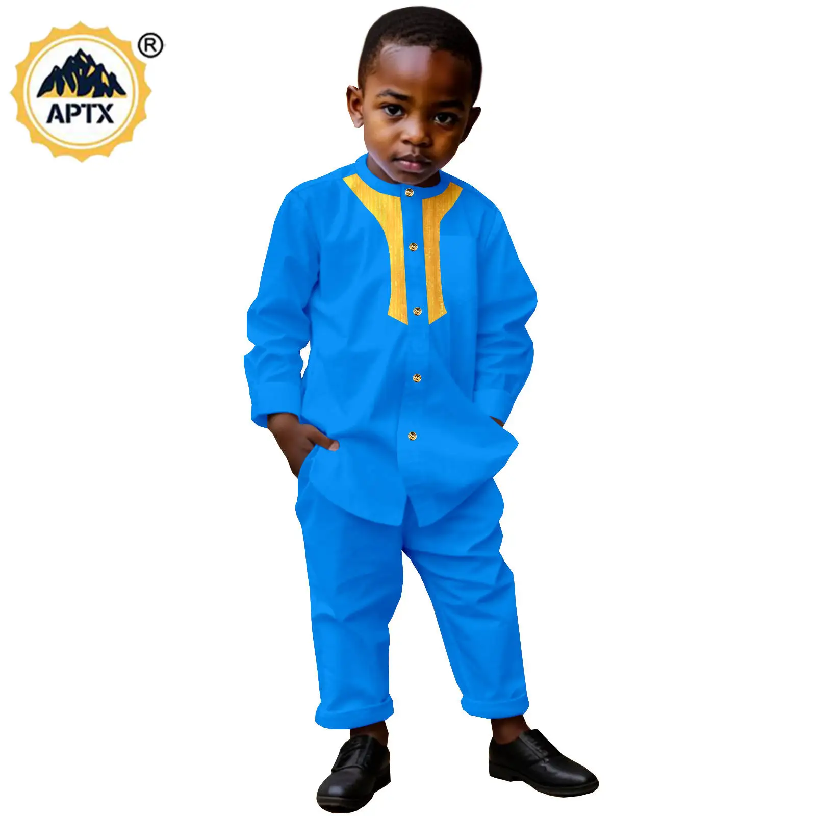 African Boy Clothes Dashiki Kids Children Outfits Bazin Riche Patchwork Bright Silk Top and Pant 2 Pieces Sets Outwear 2446006