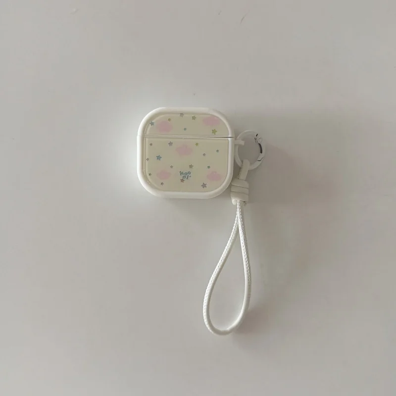 Pastel Pink Cloud Star Print Earphone Case with White Hand Strap Lanyard for Airpods 1, 2, Pro, Pro2, Pro3, 3, 4, Dustproof