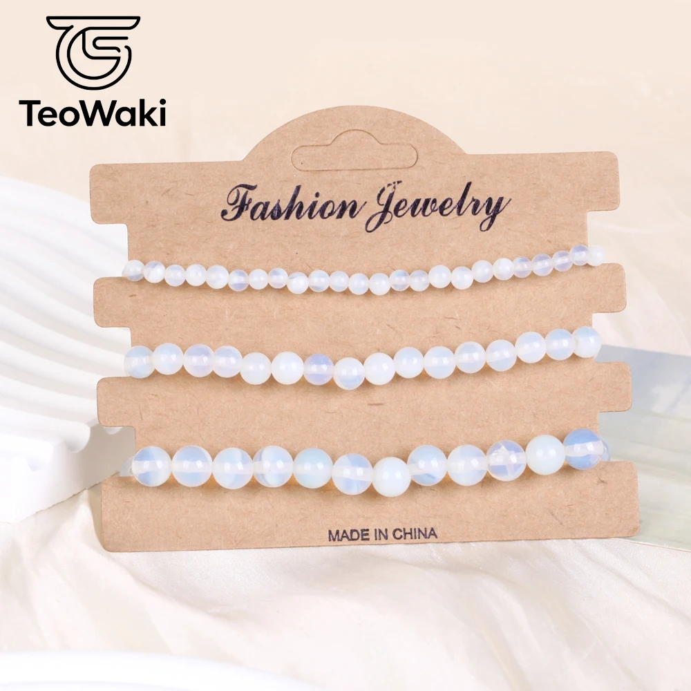 TeoWaki 3Piece Natural White Opal Elastic Bracelet Dispel Fatigue, Bring Health and Steady Fortune for Women and Men 19cm