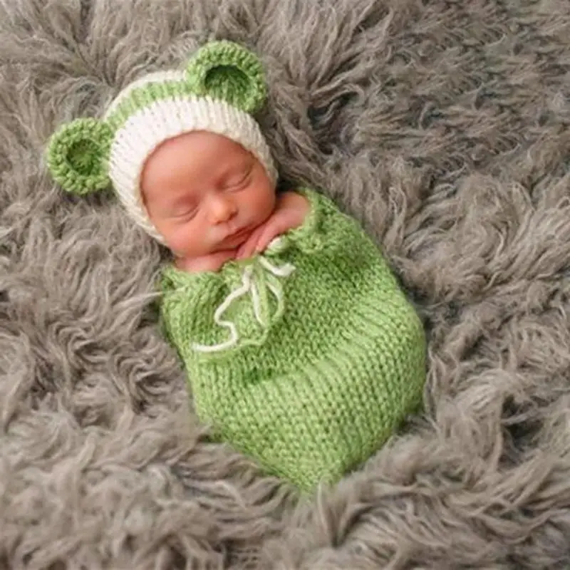 Newborn Photography Props Knit Swaddle Wrap with Hat Baby Photo Shoot Outfit Infant Cocoon Costume Bear Ear Cap Baby Shower Gift