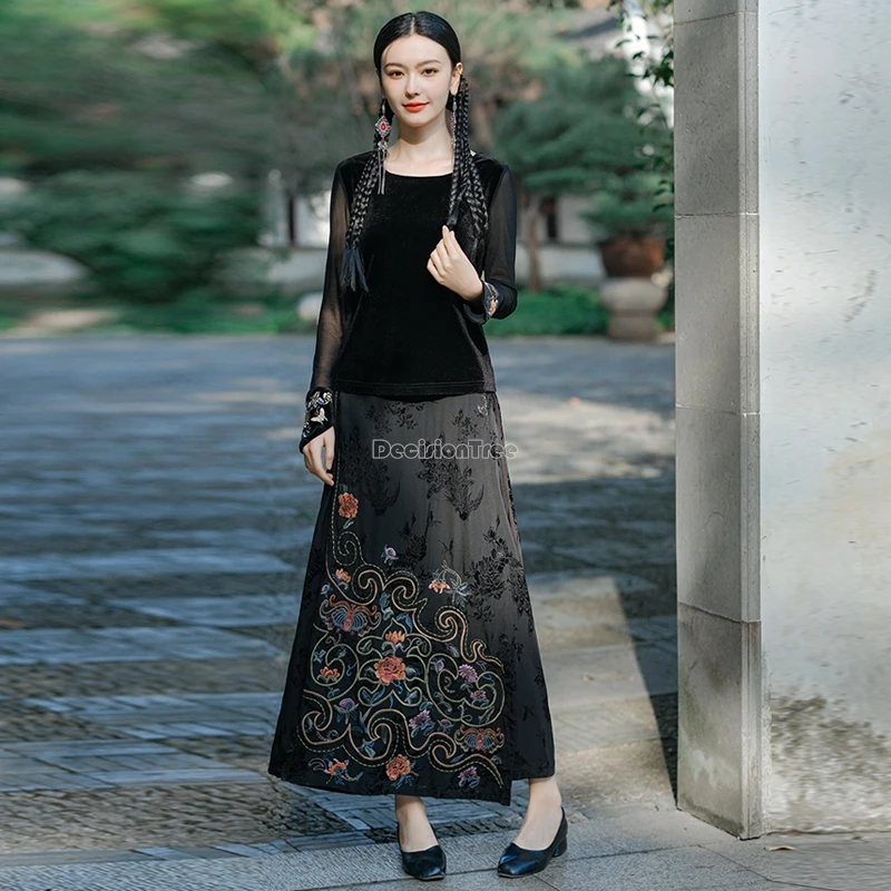 2024 new chinese style improved national style embroidery fringe skirtwomen loose casual a-line skirt casual daily skirt t001