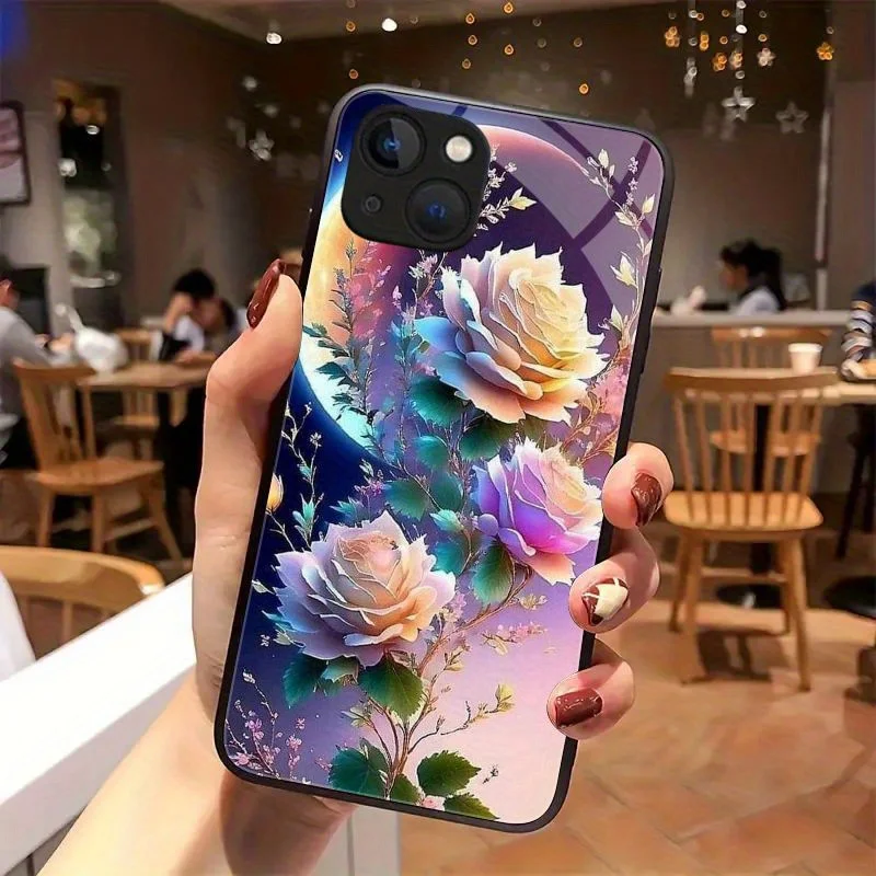 

Fashionable pink four-season red pattern TPU glass phone case, suitable for iPhone 17, 16, 15, 14, 13, 12, 11, etc.