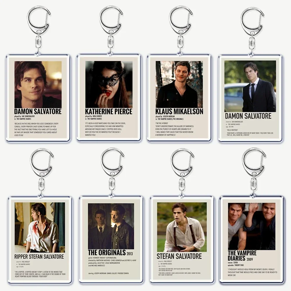 The Vampire Diaries TV Keychain for Accessories Bag Rectangle Pendant Key Chain Ring Damon Elena Stefan Keychains Jewelry Gift