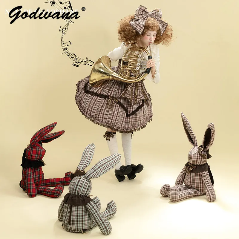 Original Retro Plaid Big Rabbit Bag Cute Lolita Plush Bunny Doll Backpack Girl Women's Kawaii Cartoon Bags