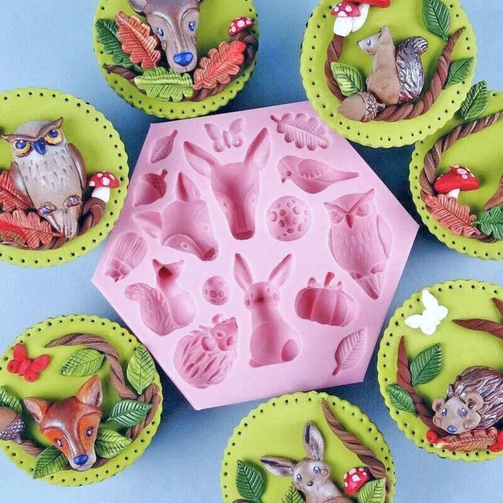 Silicone Safari Animal Bird Owl Bug Fox Rabbit Mold Chocolate Cake Decorating Cupcake Topper Fondant Icing Baking Mould DIY Clay