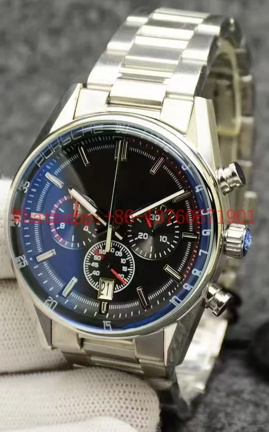 ใหม่หรูหรา Mens QUARTZ Chronograph นาฬิกาสีดําสีเขียวสีฟ้าหนังนาฬิกาจับเวลาสแตนเลส Luminous Sapphire 42 มม