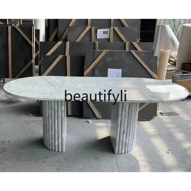 DD45 Natural Marble Dining Table Medieval Style Travertine Dining Table Stone Oval Dining Table