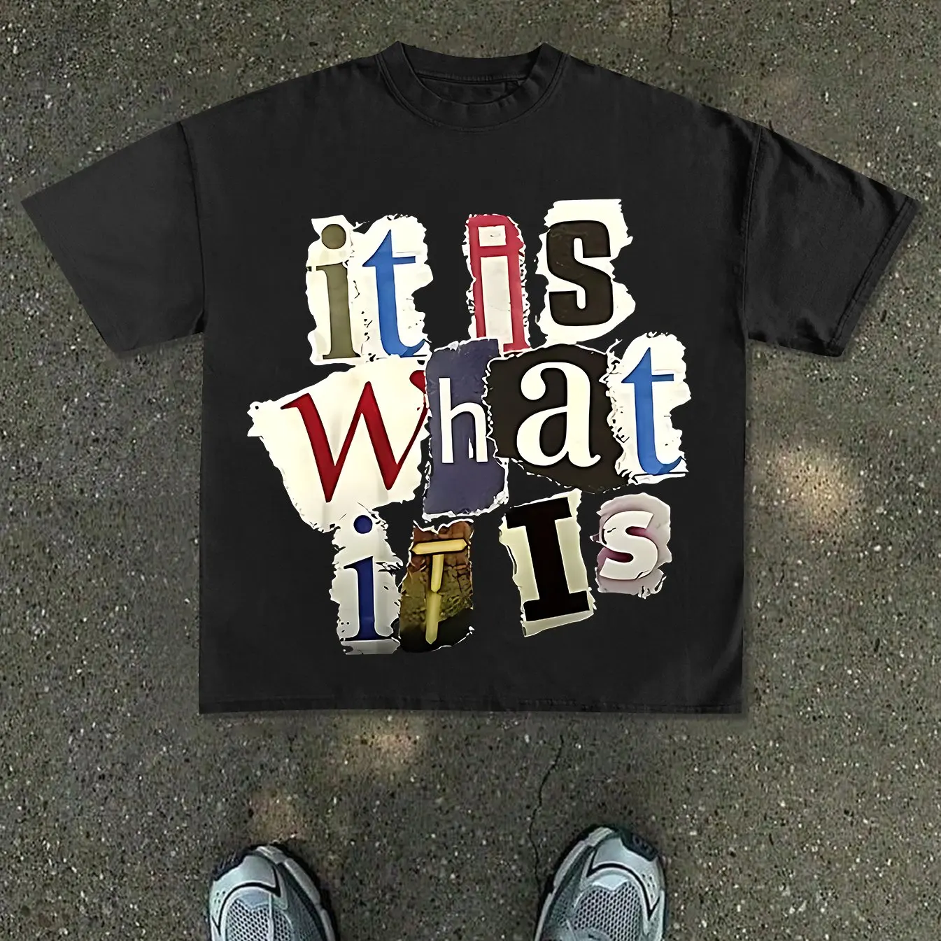 Men's T-shirt featuring a collage-style, colorful 