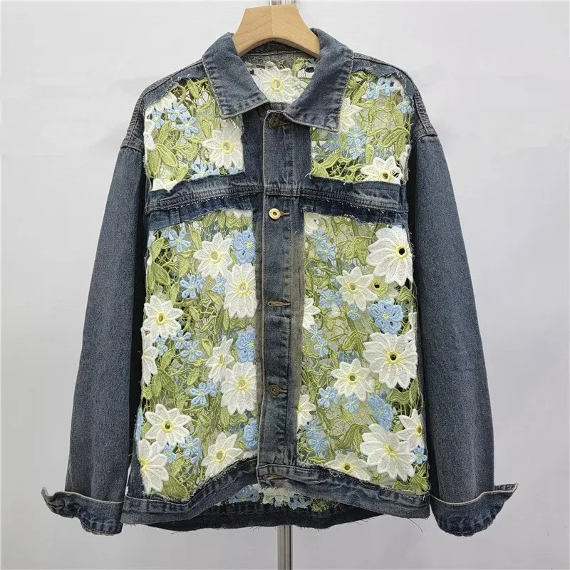 

Fashion Hollow Out Mesh Hook Flower Embroidery Blue Denim Jacket Autumn New Casual Lapel Long Sleeve Jeans Jacket Chaqueta Mujer