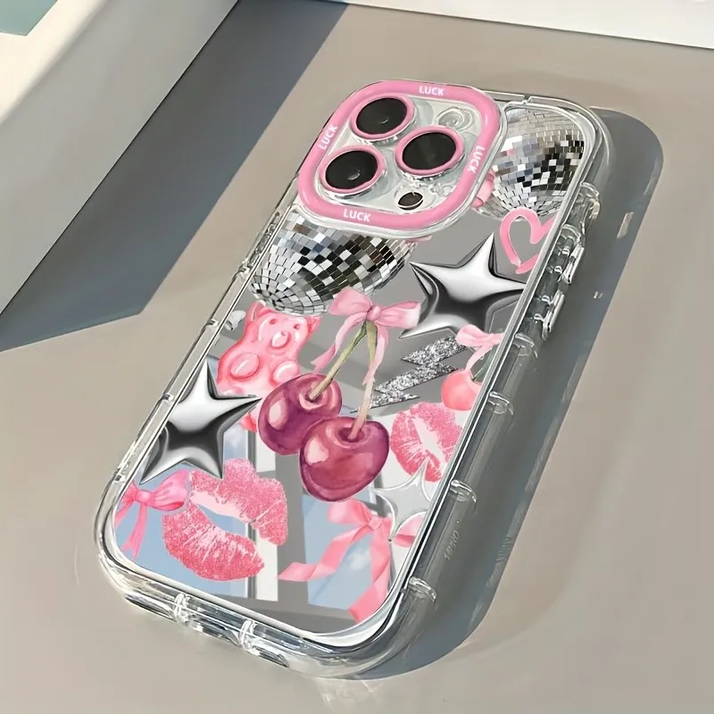 Cherry Bow Lip Pattern Phone Cases For iPhone 17 16 12 11 X XS XR 15 14 Pro Max 13 7 8 Plus 16e 17 Pro Mirror Shockproof Cover - view 2