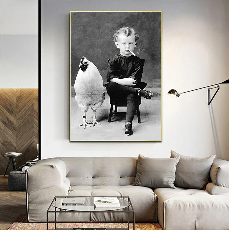 Vintage Photography Style Poster Funny Boy Smoking With His Chicken Pet Antique Portrait Art Canvas Painting Wall Art Decor