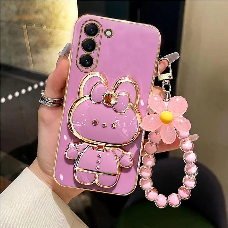 S 24 23 Make Up Mirror Rabbit Flower Strap Case For Samsung Galaxy S24 S23 FE Plus Ultra Fan Edition S24Ultra S23FE Stand Cover