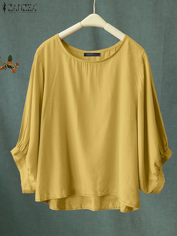 

ZANZEA Women Autumn Blouse 2025 Woman Tops Casual Solid O Neck Loose Blusas Female Mujer Elegant 3/4 Sleeve Work Shirt Oversize