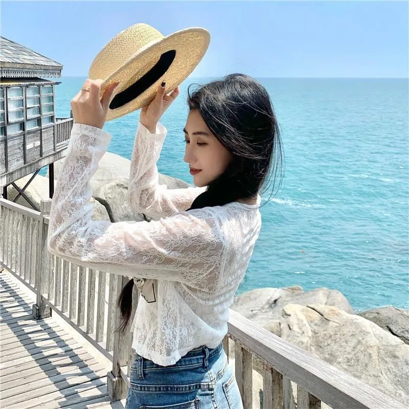 Lucyever Lace Hollow Out White Shirt Women Korean Style Thin Long Sleeve Sunscreen Cardigan Summer Beach Sexy Crop Tops Female