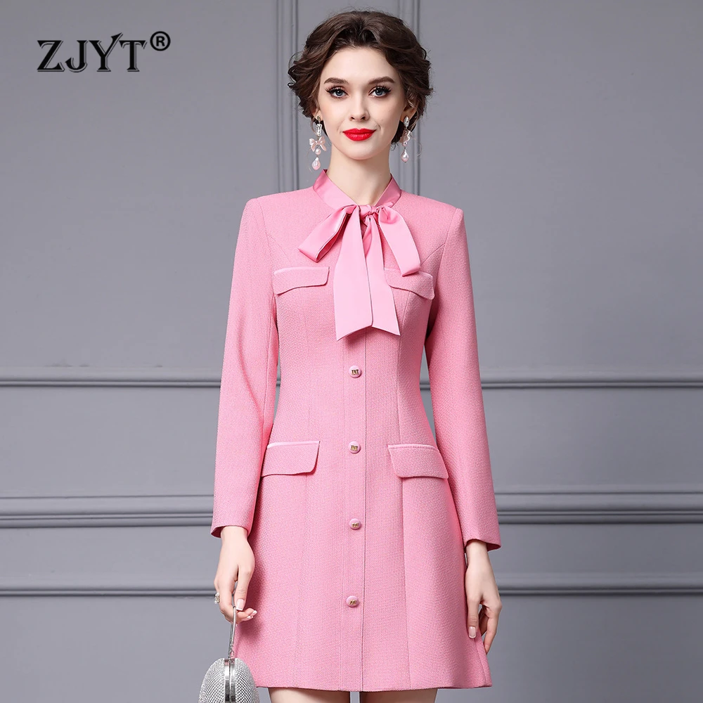 

ZJYT Elegant Autumn Long Sleeve Dresses for Women 2024 New Designer Bow Collar Buttons Solid Aline Casual Office Dress Lady Robe