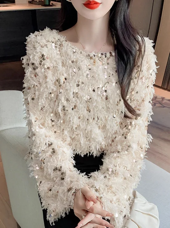 Luźny sweter damski, warstwa bazowa, top z cekinami, luźny krój, jesień-zima, gruby, wygodny, modny.