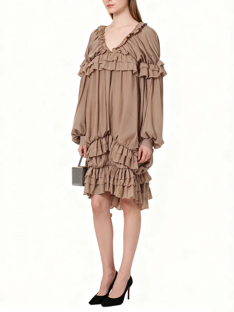 ชุดเดรสทรงหลวมแบบเรียบหรูสำหรับผู้หญิง คอวี แขนยาวทรงโคมไฟ ดีไซน์ทันสมัยสำหรับฤดูร้อน เหมาะสำหรับงานปาร์ตี้ ชุดเดรสจับจีบ สไตล์แฟชั่นสำหรับผู้หญิง