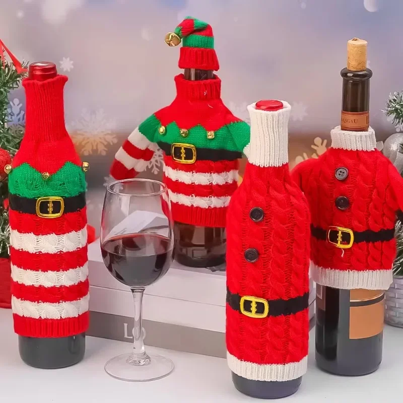 Christmas Wine Bottle Cover Soft Knitted Bag Santa Claus Snowman Woven Wine Set Wine Bottle Protector New Year Xmas Table Decor