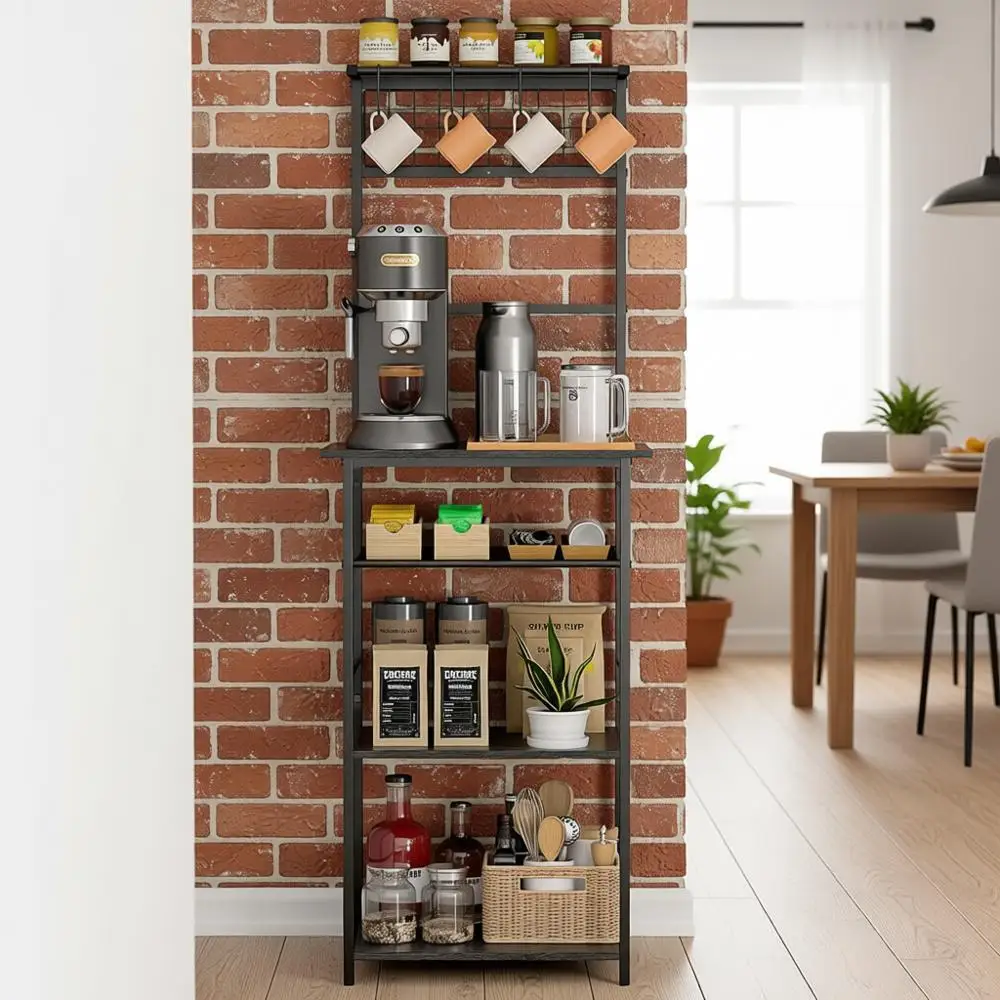 

5-ярусная кофейная станция с крючками, идеально подходит для небольших помещений, кухни или гостиной, серая, 13.43 (Г) x 18.93 (Ш) x 53.31 (В)