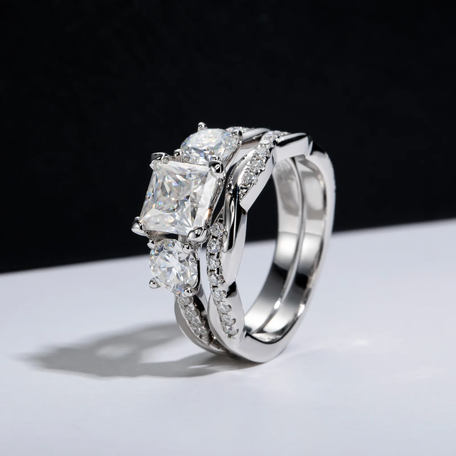 Carnica 6.5x6.5mm 1.5CT Stone Moissanite Ring Set for Women Twisted Arm S925 Sterling Silver Sparkling Wedding Band GRA D Color
