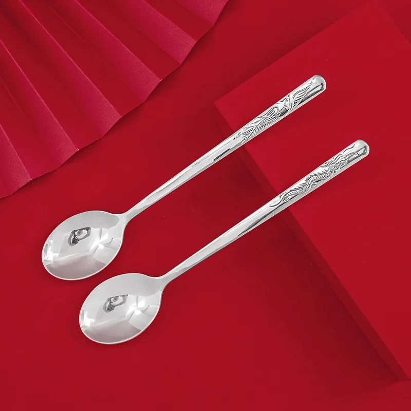 

99.9% Pure Silver Dragon & Phoenix Chengxiang Long-Handled Soup Spoon - Silverware Household Cutlery with Traditional Design