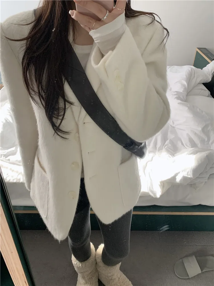 معطف صوفي طويل كريمي لطيف على الطراز الكوري موضة خريف وشتاء جديدة سترة فضفاضة غير رسمية أنيقة عتيقة سترة صوف أنيقة ملابس خارجية #6