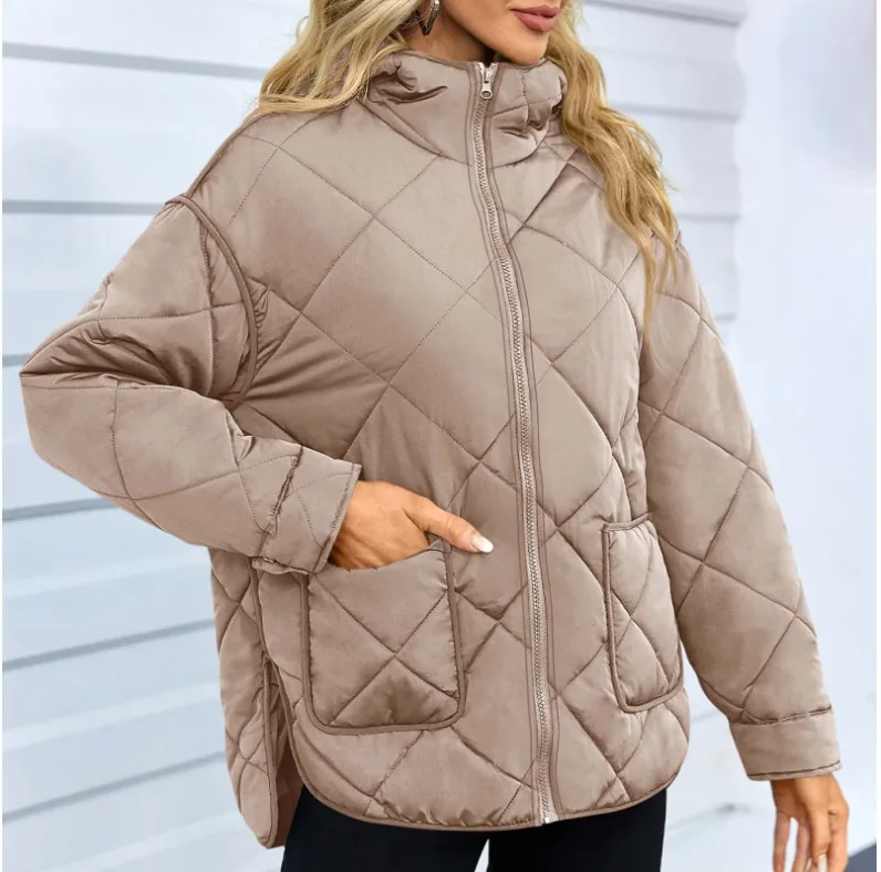 

Coat Women's Winter Solid Color Diamond Pattern Large Pocket Slit Hooded Long Sleeves Zipper Long Outer Wear