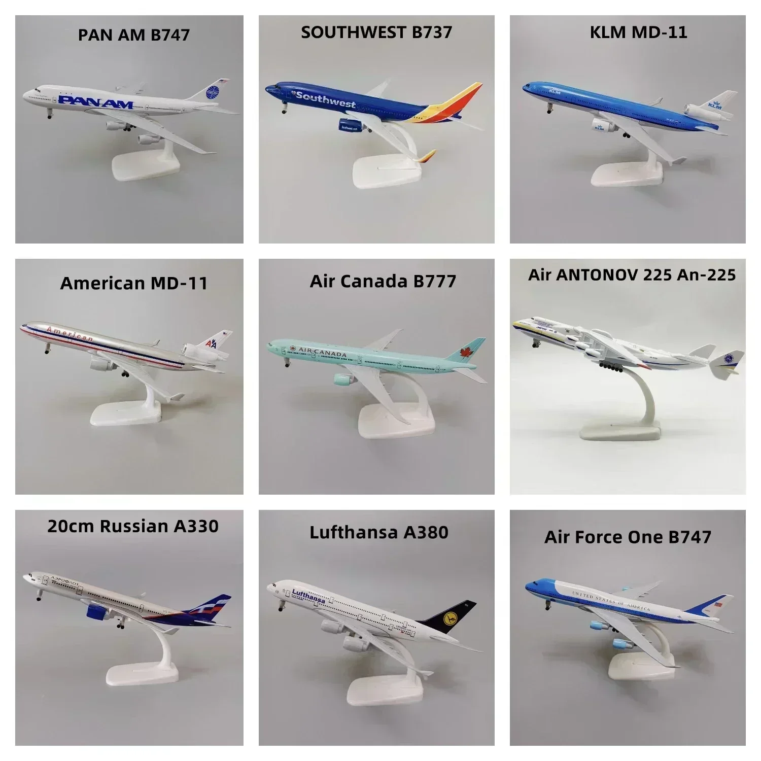 

ANTONOV 225 An-225 KLM USA AA MD-11 France PAN AM Southwest Canda FORCE ONE Lufthansa Korean Alloy Plane Model Airplane 20cm