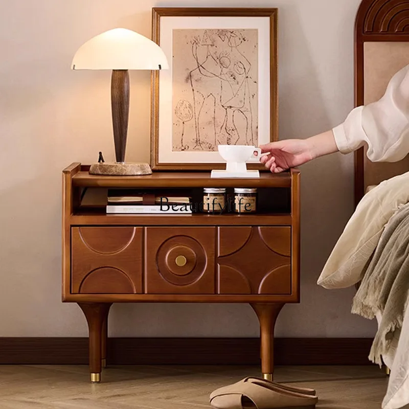 طاولة بجانب السرير مصنوعة من خشب البقس في العصور الوسطى مصنوعة من الخشب الصلب لغرفة النوم وخزانة جانبية للتخزين #2