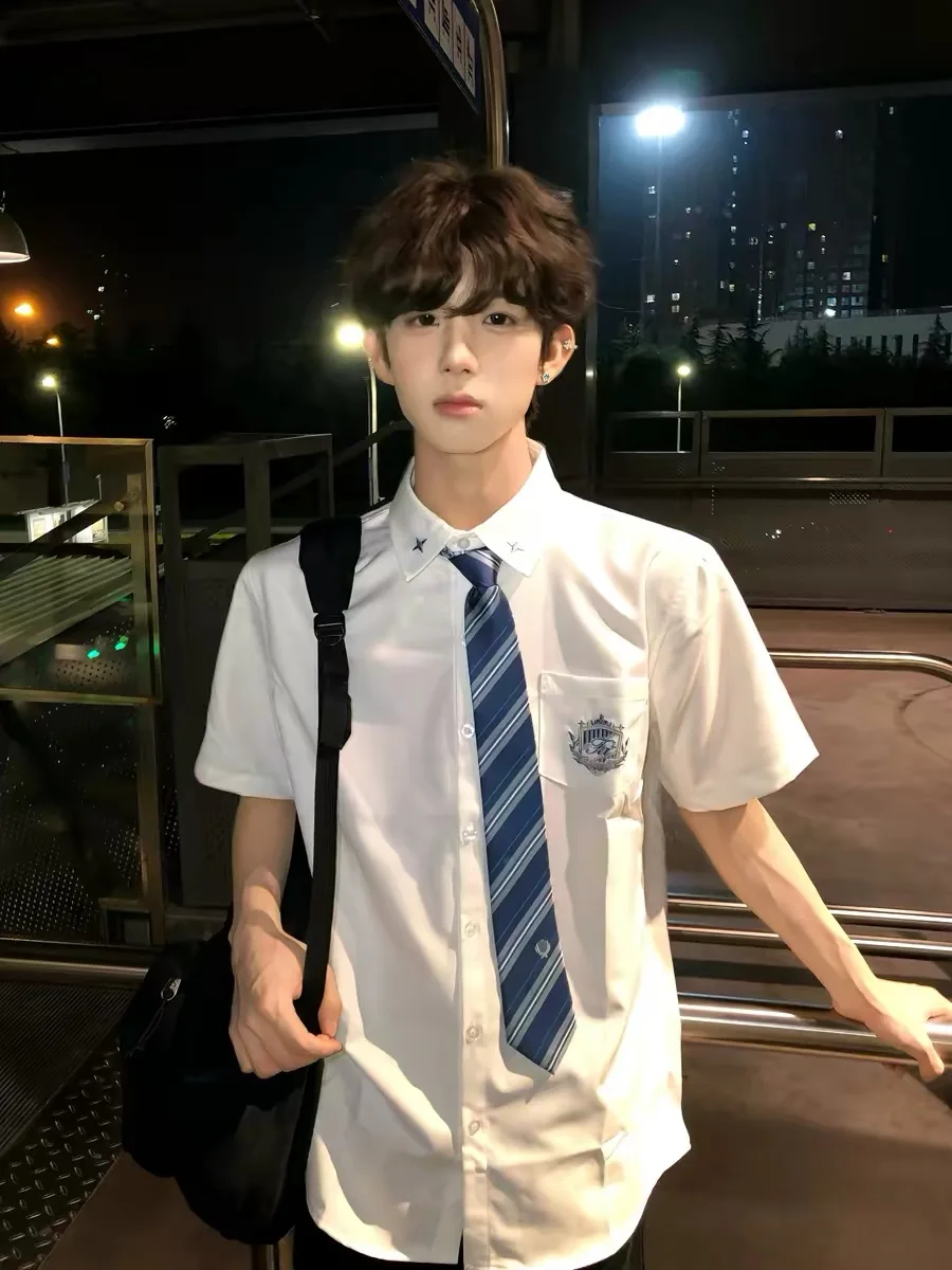 

Summer Short Sleeve Embroidered Shirt Korean Style Youth Casual White Cotton Polyester Blend Breathable Comfortable for Teens